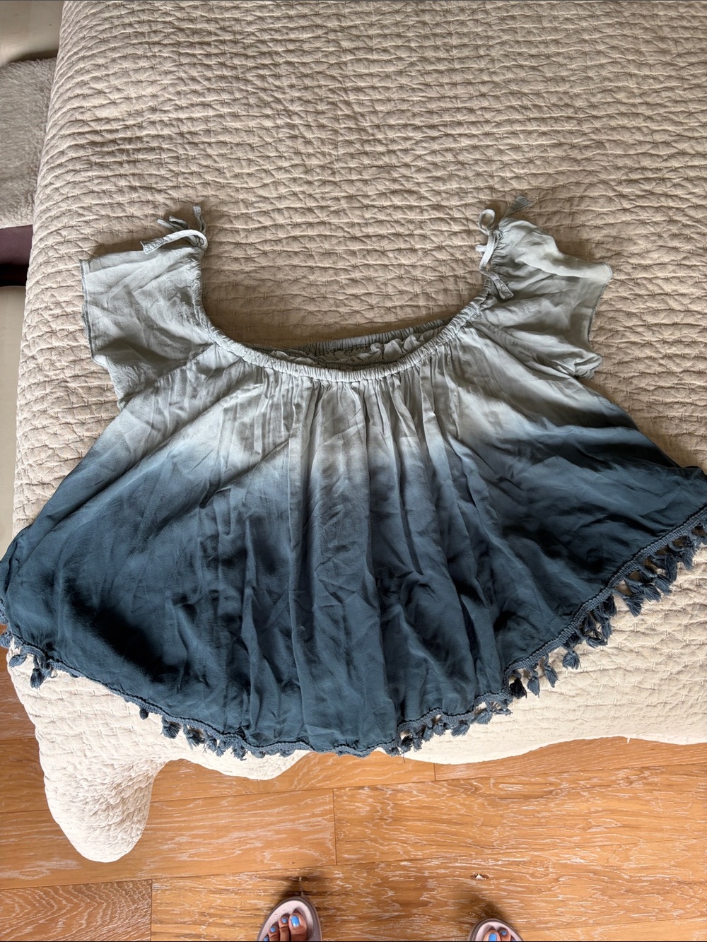 Ombre Tassel-Hem Off-Shoulder Top - Blue